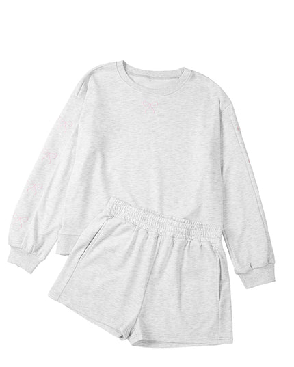 Light Grey Bow Embroidery Long Sleeve Pullover and High Waist Shorts Set