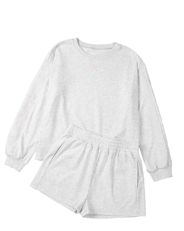 Light Grey Bow Embroidery Long Sleeve Pullover and High Waist Shorts Set