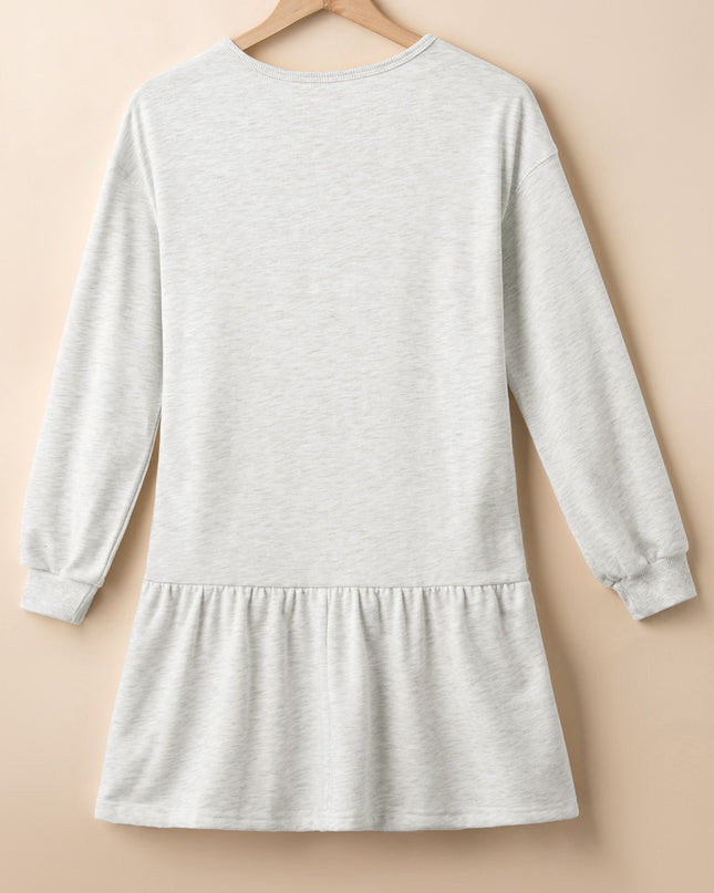 White Solid Color Ruffle Hem Mini Sweatshirt Dress
