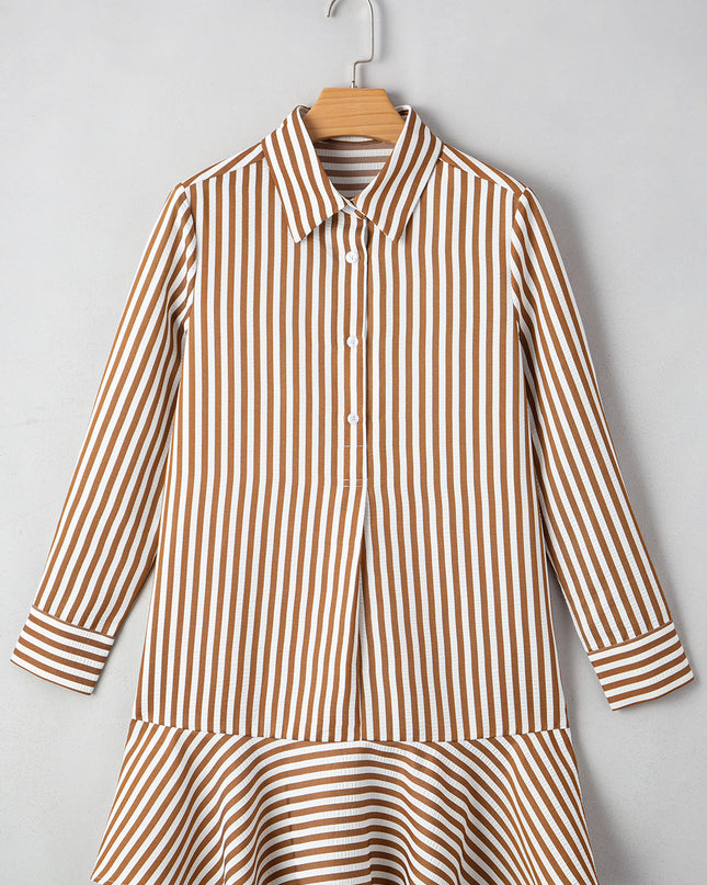 Brown Stripe Ruffle Hem Collared Long Sleeve Shirt Mini Dress