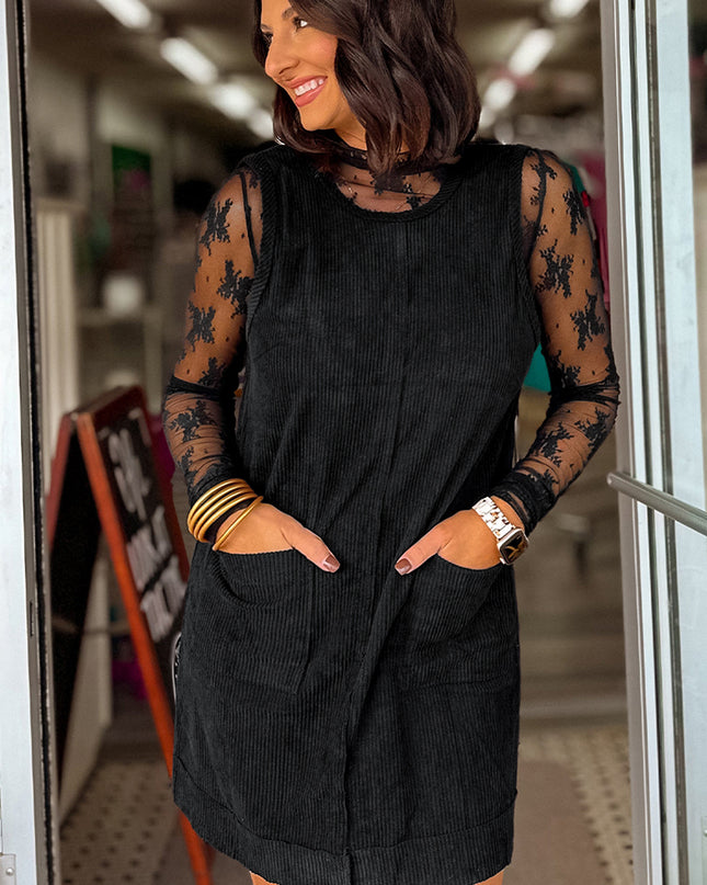Black Corduroy Exposed Seam Sleeveless Mini Dress