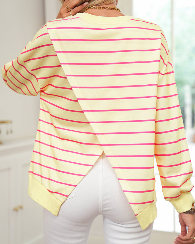 Blue Striped Overlap Detail Drop Shoulder Pullover Sweatshirt