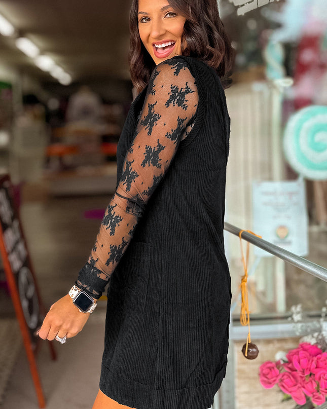 Black Corduroy Exposed Seam Sleeveless Mini Dress