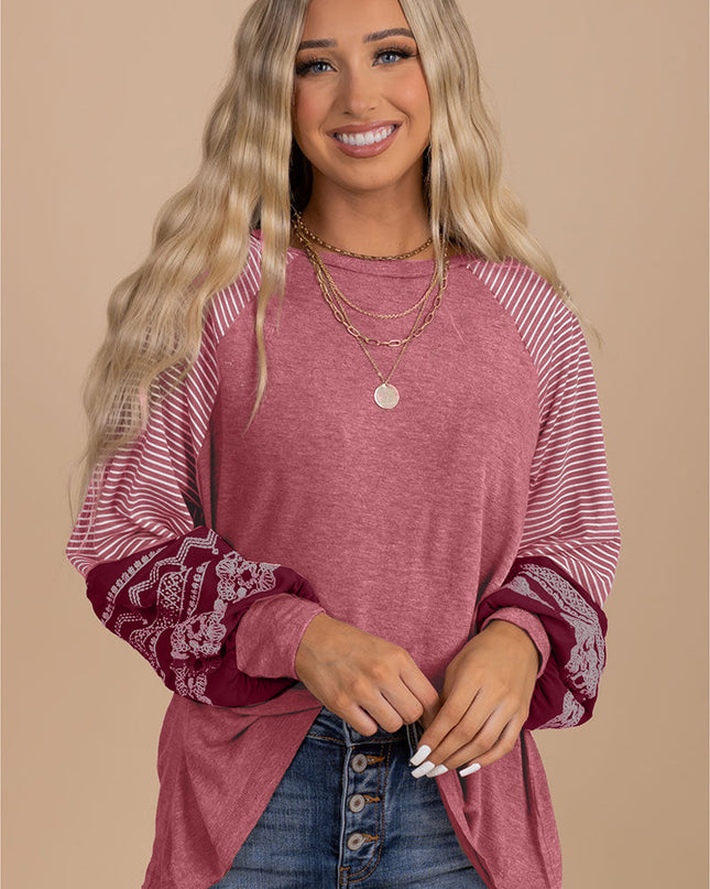 Rose Red Contrast Print Striped Raglan Long Sleeve Loose Top