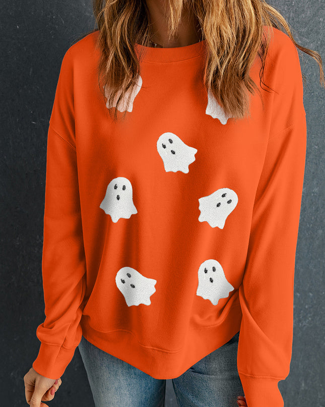 Black Sequin Halloween Ghost Patched Drop Shoulder Sweatshirt