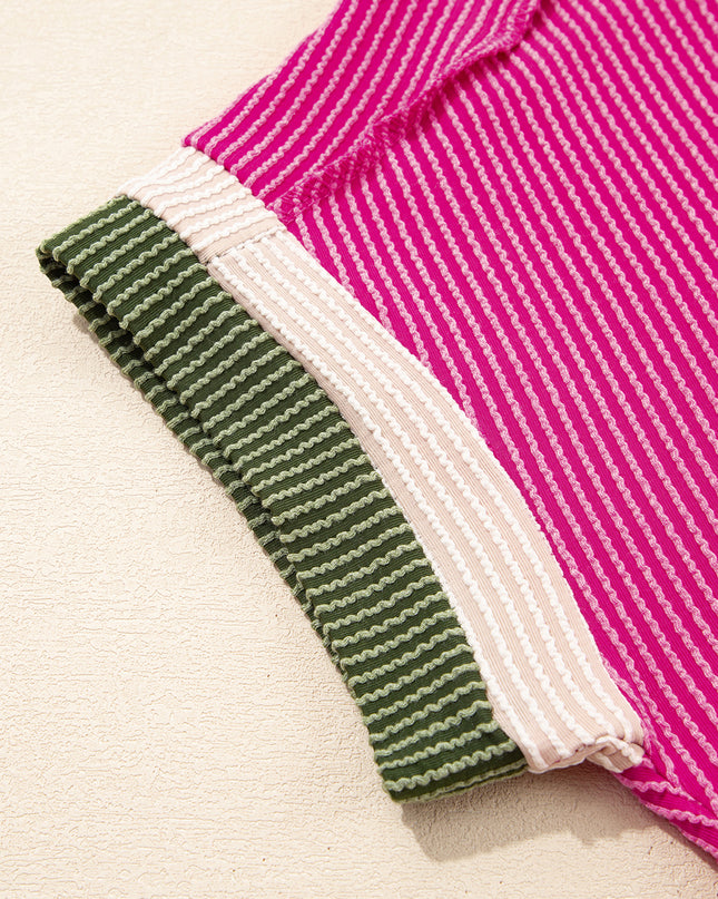 Rose Red Textured Colorblock Round Neck T Shirt