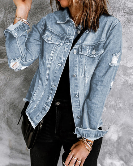 Light Blue Distressed Ripped Raw Hem Buttons Denim Jacket