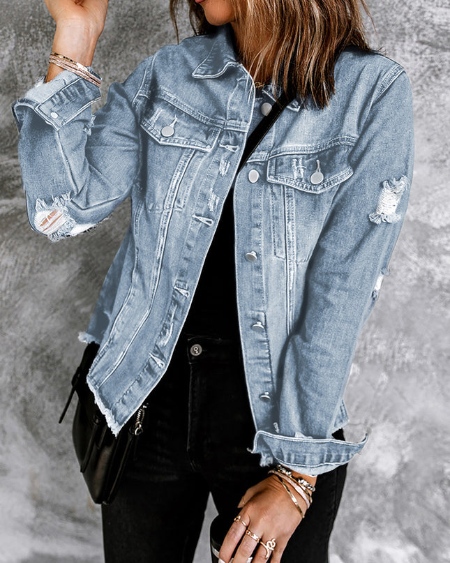 Light Blue Distressed Ripped Raw Hem Buttons Denim Jacket
