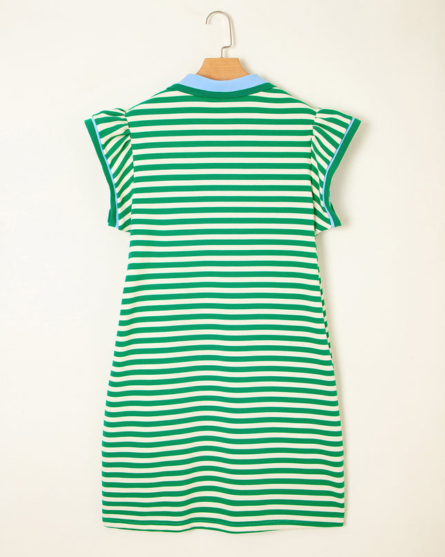 Green Striped Ruffle Short Sleeve Pop of Color Neckline Dress