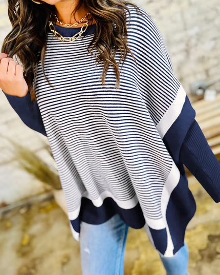 Blue Striped Colorblock Patchwork Dolman Oversize Tunic Sweater