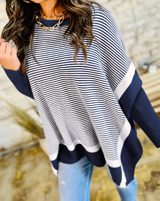 Blue Striped Colorblock Patchwork Dolman Oversize Tunic Sweater