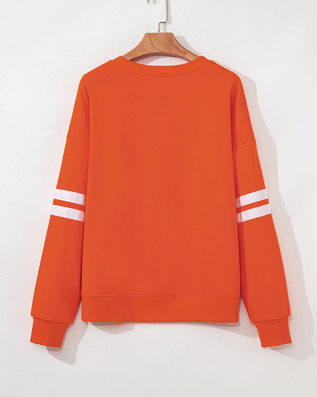 Sequin Pumpkin Varsity Sweatshirt – Oversized Cozy Fall Pullover (Orange)