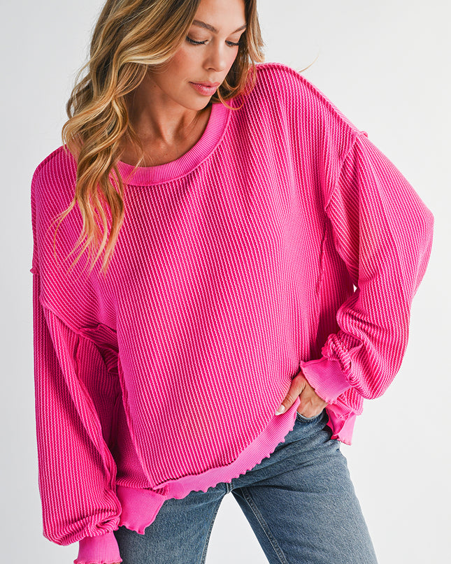 Strawberry Pink Twisted Ribbed Seamed Patchwork Long Sleeve Top