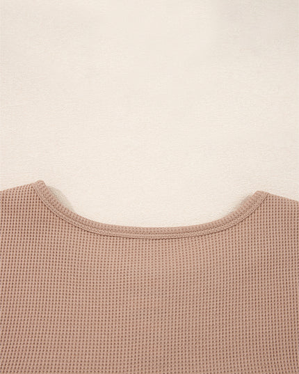 Straw Yellow Waffle Stripe Plaid Patchwork Henley Top