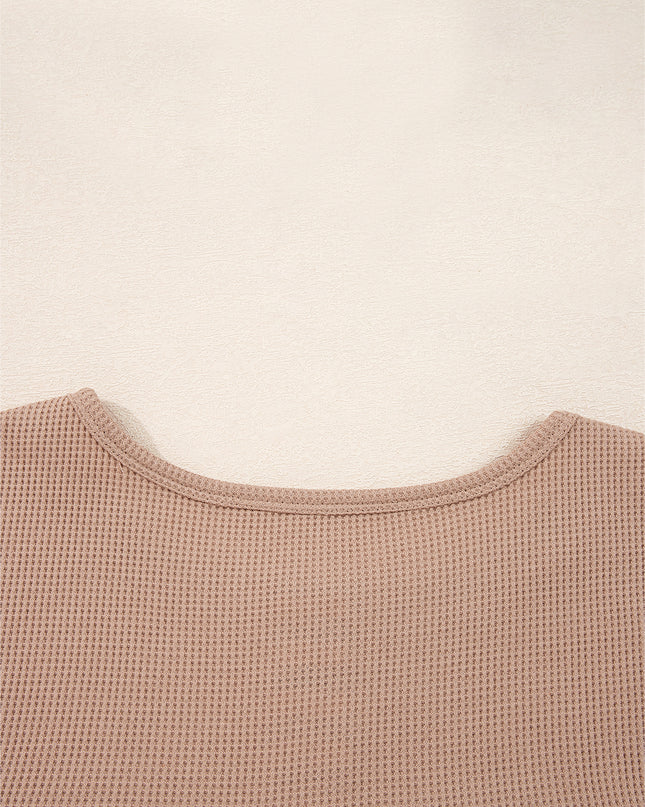 Straw Yellow Waffle Stripe Plaid Patchwork Henley Top