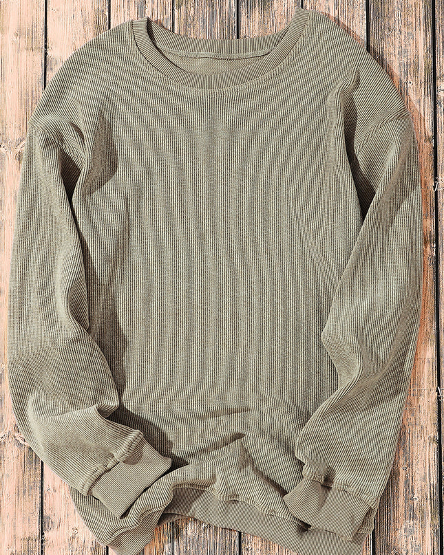 Green Ribbed Round Neck Drop Sleeve Pullover Sweatshirt