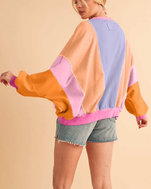 Grapefruit Orange Colorblock Patchwork Drop Shoulder Top