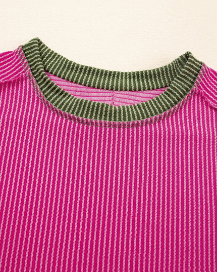 Rose Red Textured Colorblock Round Neck T Shirt