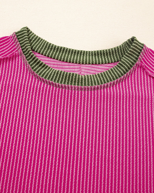 Rose Red Textured Colorblock Round Neck T Shirt