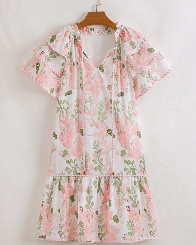 Orange Floral Contrast Edge Ruffle Sleeve Tie Neck Mini Dress