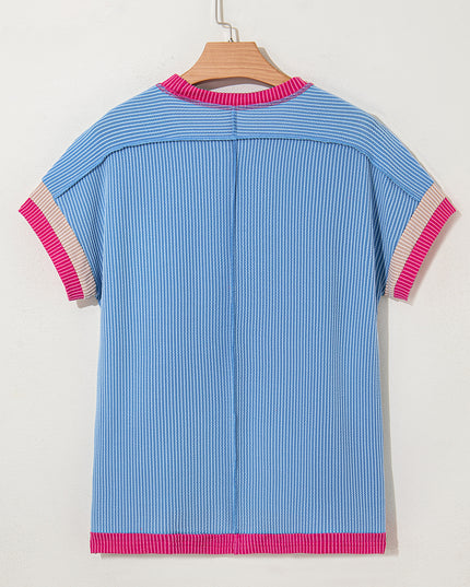 Rose Red Textured Colorblock Round Neck T Shirt