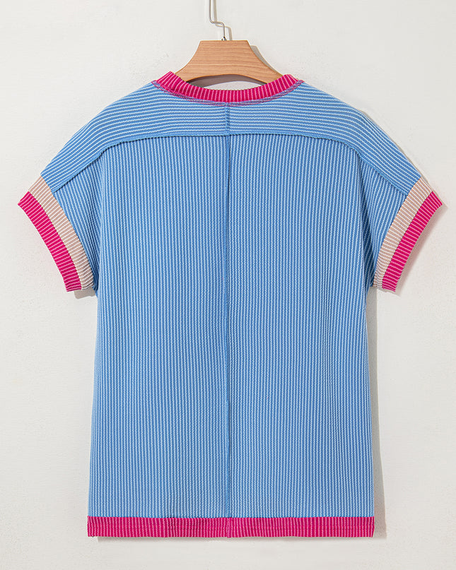 Rose Red Textured Colorblock Round Neck T Shirt