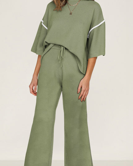 Navy Blue Loose Contrast Trim Half Sleeve Top and Drawstring Pants Set