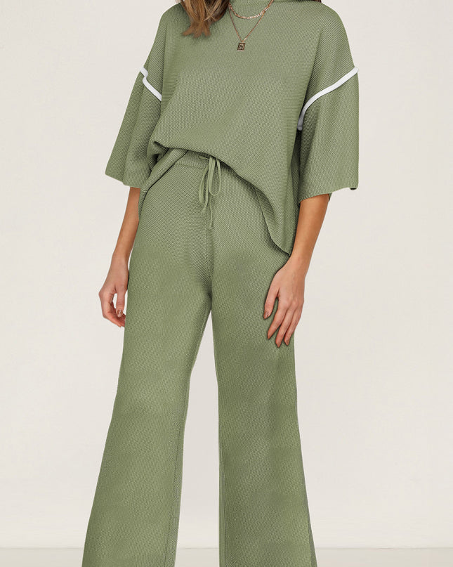 Navy Blue Loose Contrast Trim Half Sleeve Top and Drawstring Pants Set
