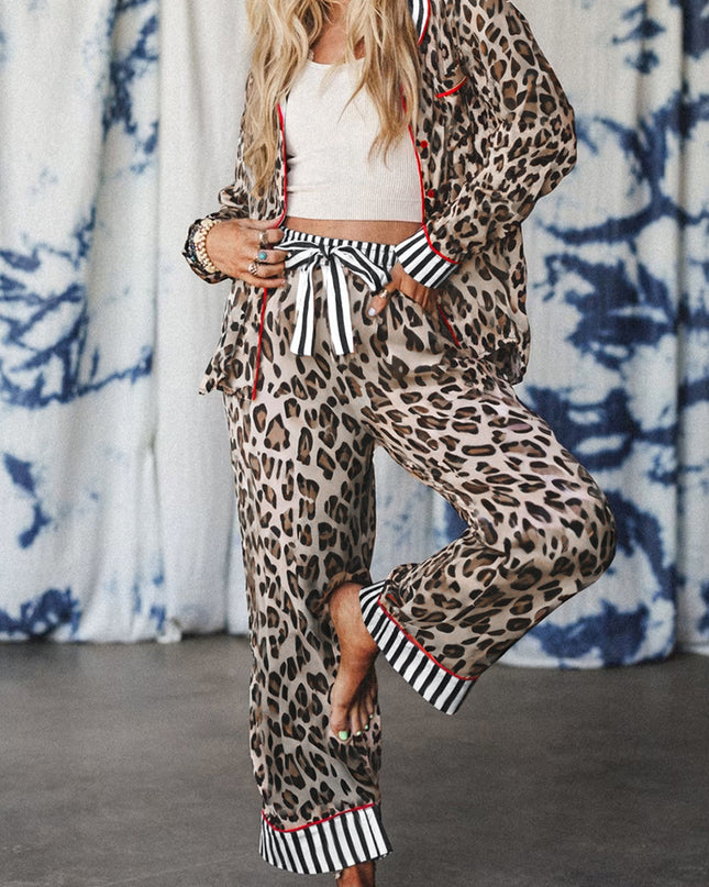 Khaki Leopard Print Colorblock Striped Patchwork Shirt and Pants Pajama Set