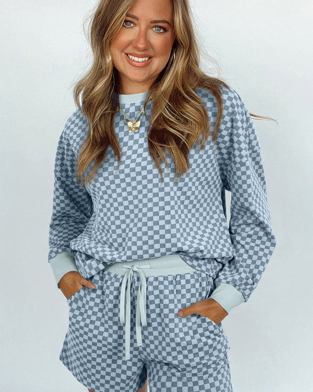 Sky Blue Checkerboard Contrast Trim Long Sleeve Pullover and Shorts Set