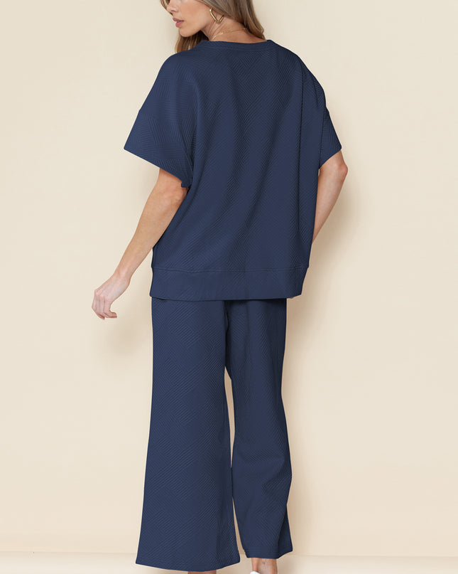 Black Textured Loose Fit T Shirt and Drawstring Pants Set