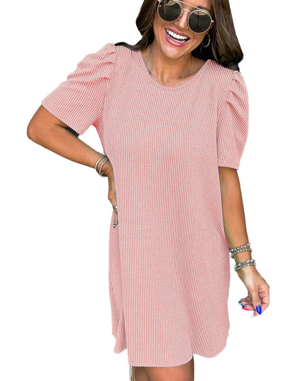 Blossom Corded Crew Neck Puff Sleeve Mini Dress