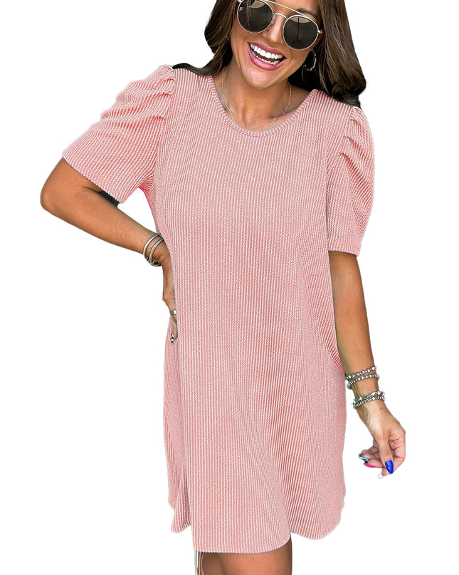Blossom Corded Crew Neck Puff Sleeve Mini Dress
