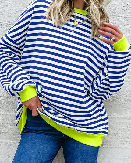 Blue Striped Contrast Trim Drop Shoulder Sweatshirt