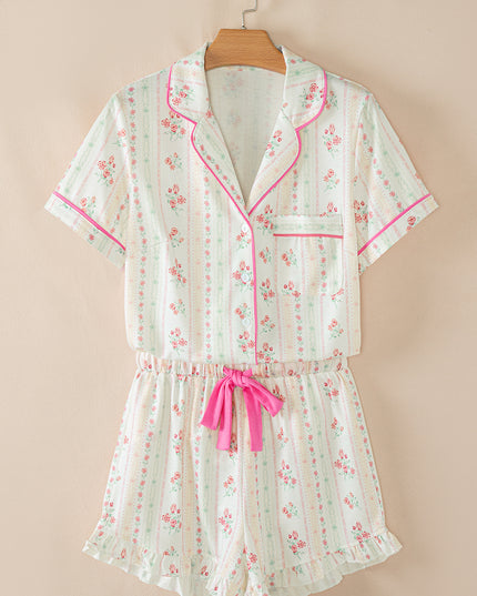 Pink Polka Dot and Bow Print Ruffle Hem Shorts Pajama Set