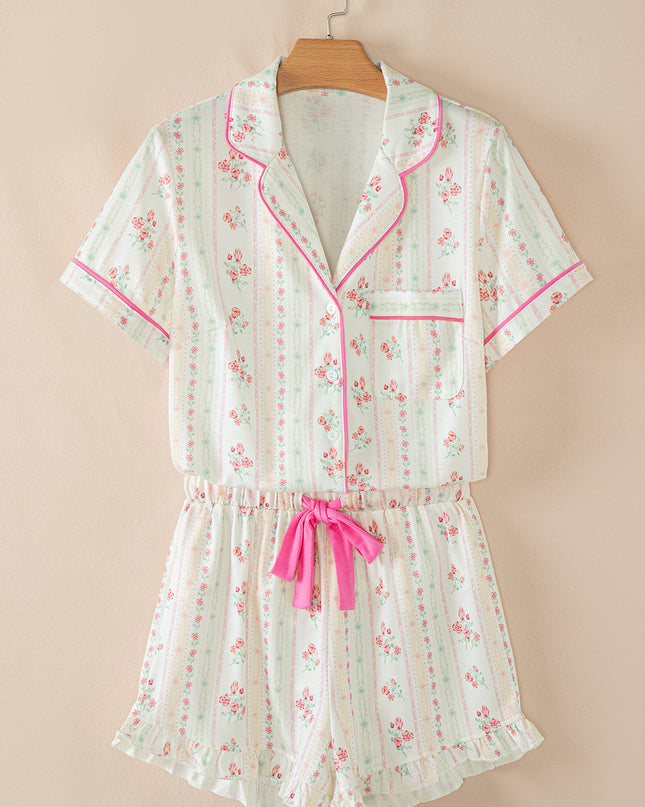 Pink Polka Dot and Bow Print Ruffle Hem Shorts Pajama Set