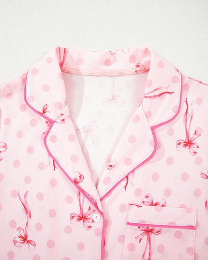 Pink Polka Dot and Bow Print Ruffle Hem Shorts Pajama Set