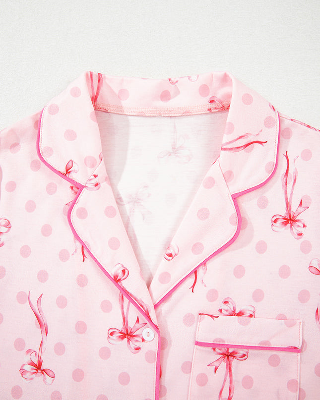 Pink Polka Dot and Bow Print Ruffle Hem Shorts Pajama Set