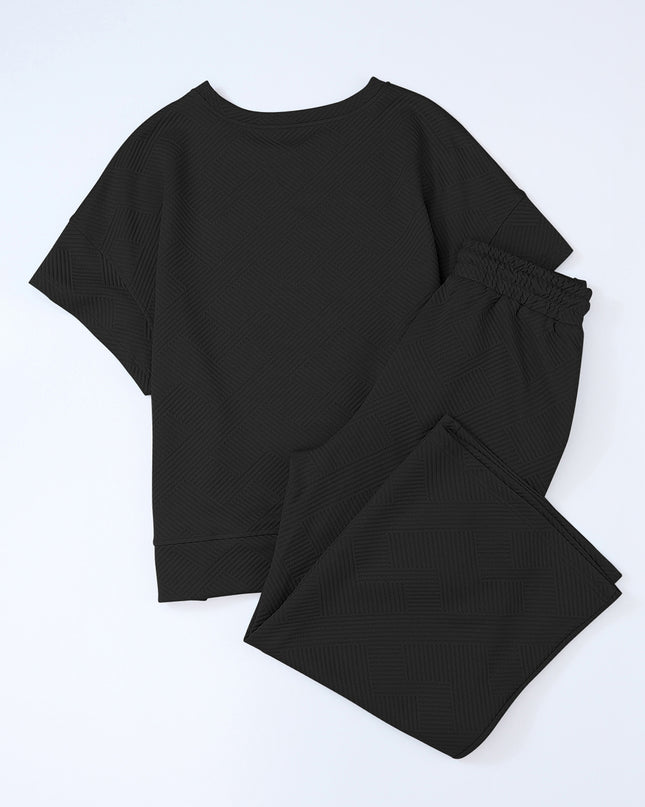 Black Textured Loose Fit T Shirt and Drawstring Pants Set