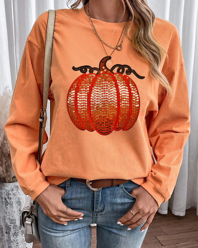 Orange Crinkle Ribbed Halloween Sequin Pumpkin Graphic Sweatshirt
