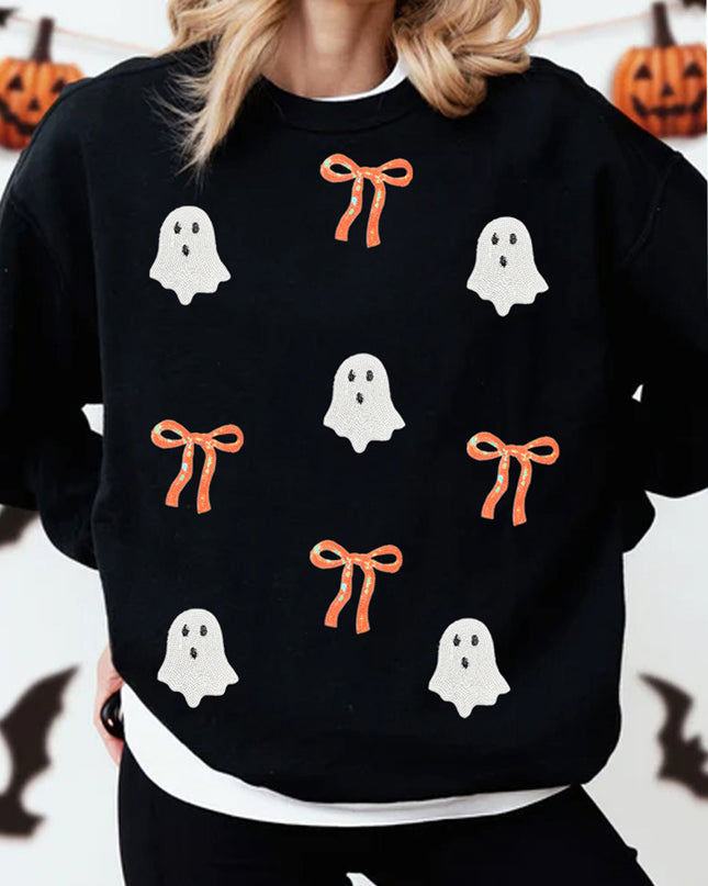 Black Halloween Ghost Bow Sequin Patched Drop Shoulder Sweatshirt
