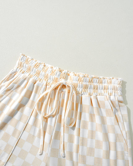Beige Checkered Print Long Sleeve Loose Fit Pajama Set