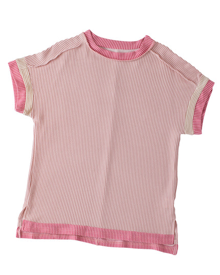 Rose Red Textured Colorblock Round Neck T Shirt