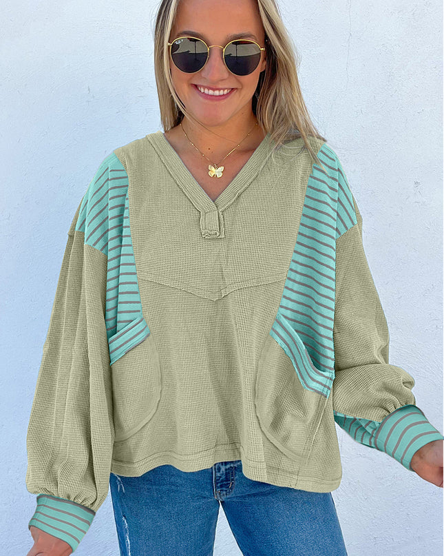 Meadow Mist Green Exposed Seam Waffle Striped Patchwork Baggy Pullover