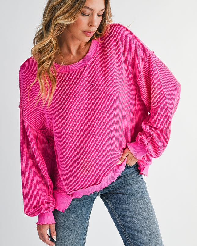 Strawberry Pink Twisted Ribbed Seamed Patchwork Long Sleeve Top