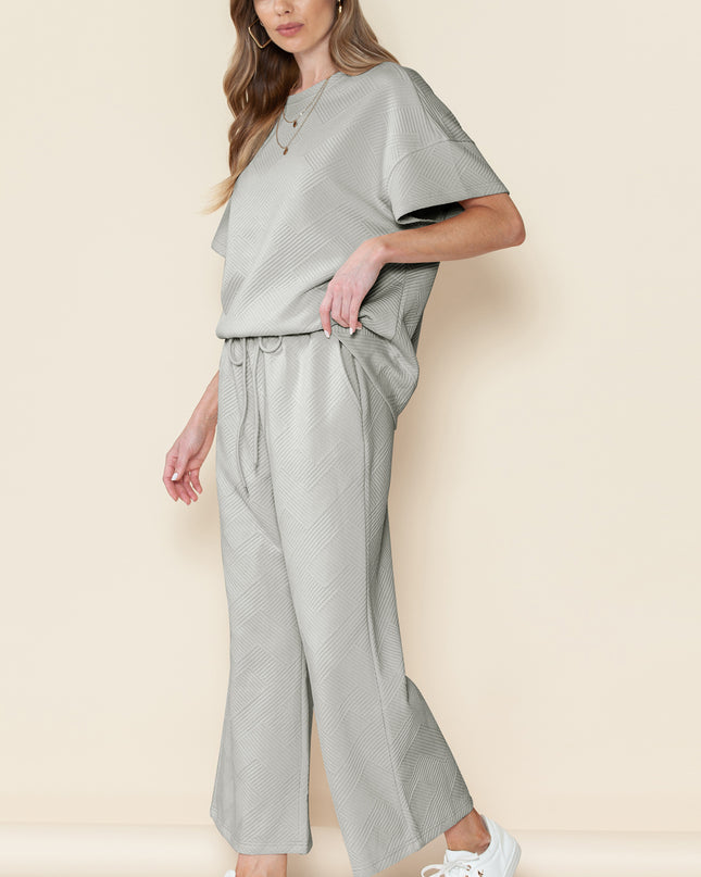 Black Textured Loose Fit T Shirt and Drawstring Pants Set