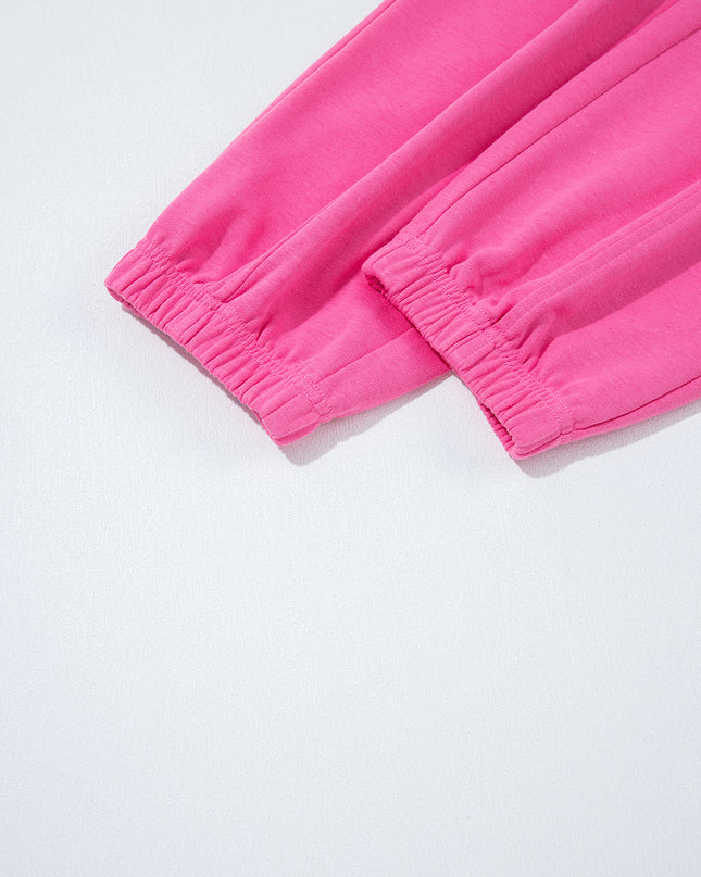 Bright Pink Raw Edge Henley Pullover and Jogger Pants Set