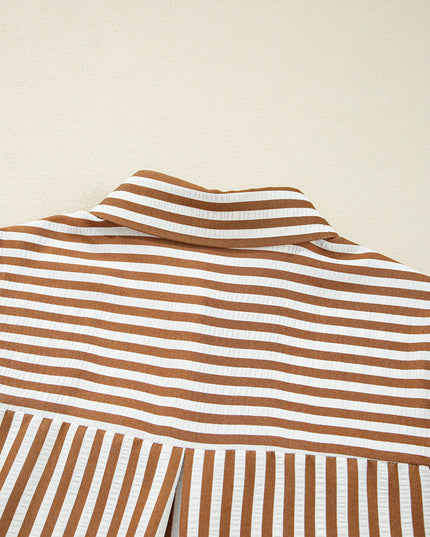Brown Stripe Ruffle Hem Collared Long Sleeve Shirt Mini Dress