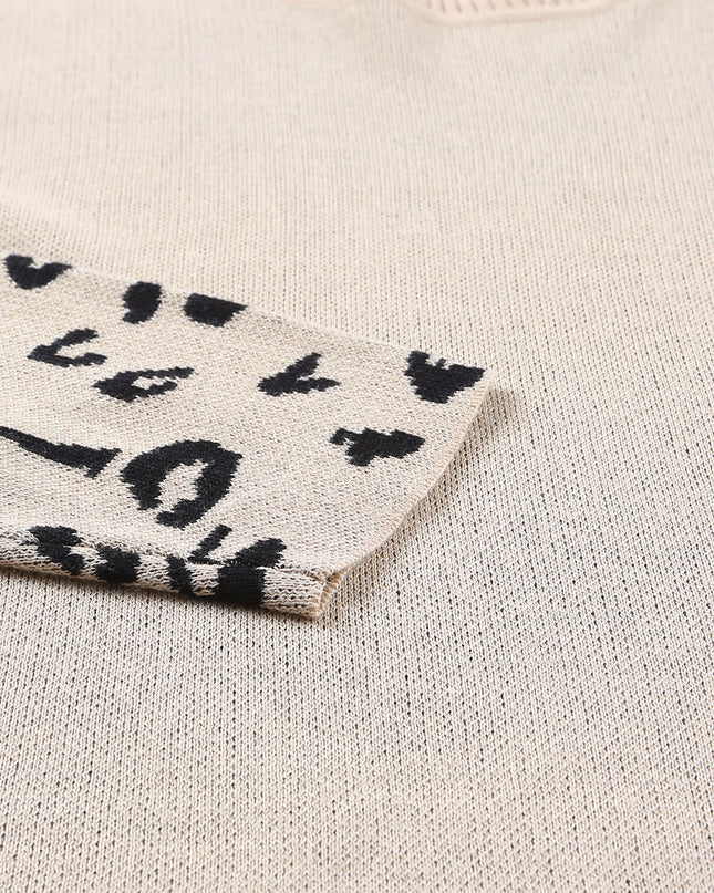 Khaki Leopard Casual Side Slit High Neck Oversized Sweater