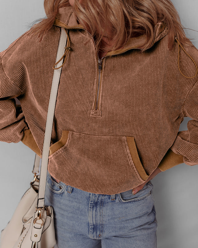Chestnut Half Zipper Kangaroo Pocket Drawstring Corduroy Hoodie